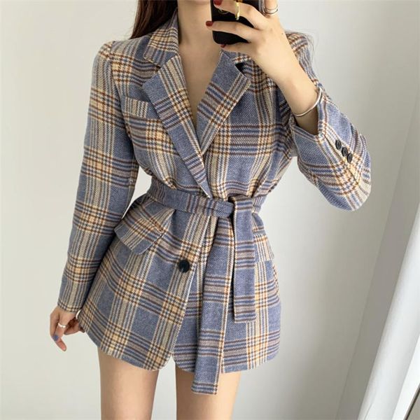

spring autumn fashion style plaid retro temperament waist long sleeve thin woolen suit jacket female trendy h235 women's suits & blazer, White;black