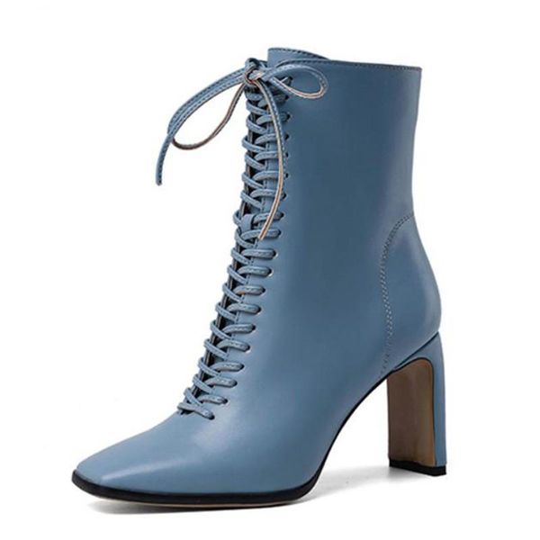 

boots women ankle fashion cross strap thick high heel winter shoes woman zipper square toe office lady street footwear 34-40, Black