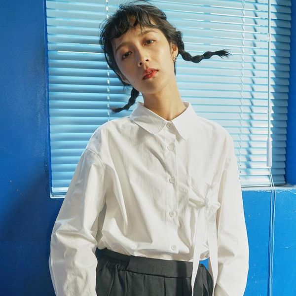 

white bow tied with shirt long sleeves for women in 2021 early fall tie college style loose women's blouses & shirts