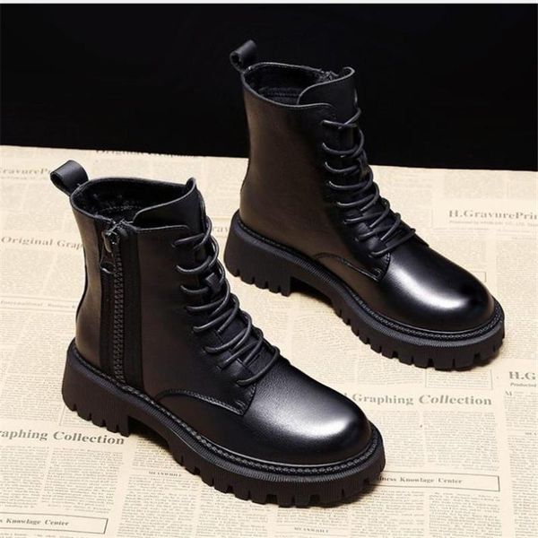 

boots women british wind 2021 side zipper locomotive short autumn and winter plush warm cotton shoes thin, Black