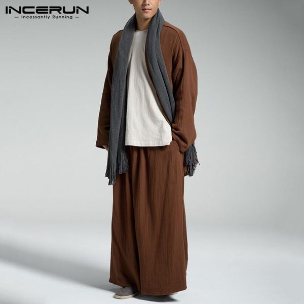 

men's tracksuits incerun chinese style men sets cotton long sleeve open stitch casual shirts wide leg pants streetwear vintage suits 2, Gray