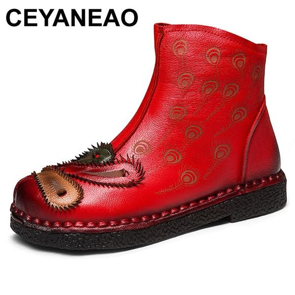 

boots ceyaneaovintage feather design autumn winter genuine leather ankle women low heel fashion print short, Black