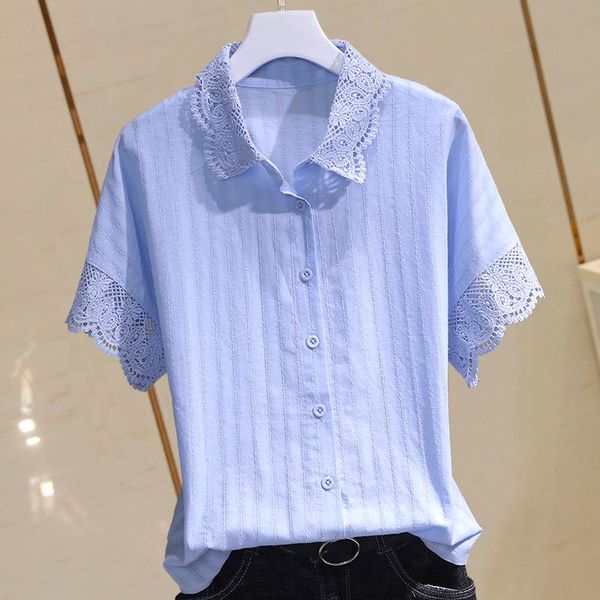 

women's blouses & shirts lace patchwork cotton women summer 2021 solid short-sleeved elegant office lady buttoming outwear, White