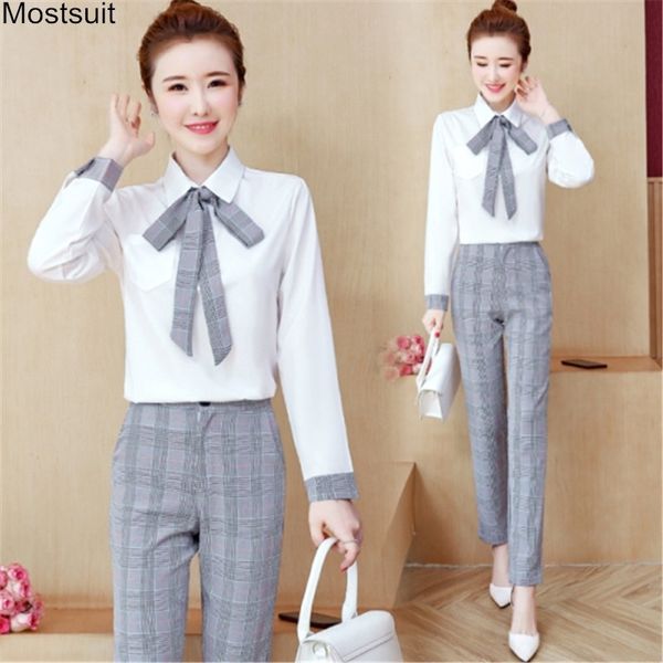 

spring outfit plus size women office two piece sets long sleeve turn down collar shirt + plaid pants set suit elegant 210518, White