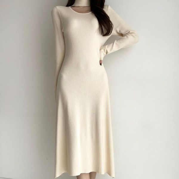 

casual dresses fashion slim a-line sweater maxi dress winter autumn french hollow out long sleeve bottomed knitted vintage 2021 vestidos, Black;gray