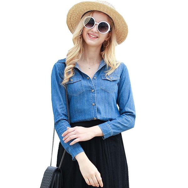 

fashion spring summer autumn women turn-down collar pocket slim single breasted long sleeves blue blouse denim shirt casual women's bl, White