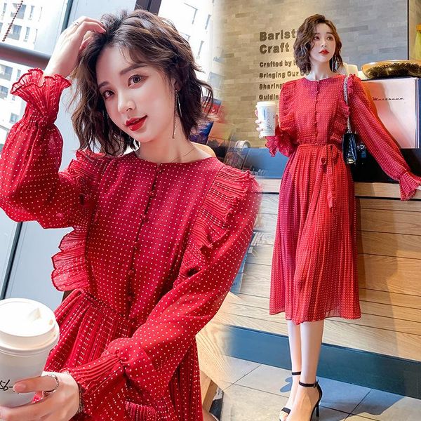 

casual dresses fashion temperament long sleeve dress women's ruffle 2021 spring and summer round neck high waist elastic chiffon, Black;gray