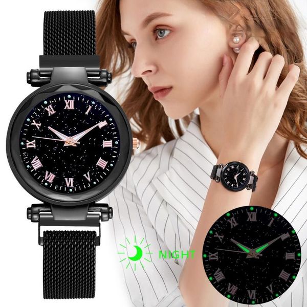 

wristwatches women watch luxury starry dial crystal stainless steel mesh magnetic belt ladies quartz gift luminous hands watches, Slivery;brown