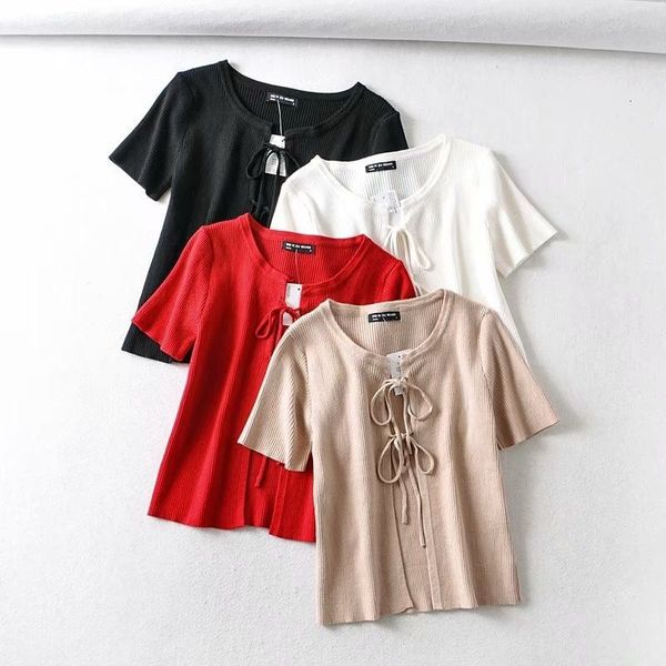 

t shirt 2021 spring fashion round neck short sleeve bow tie slim top, White