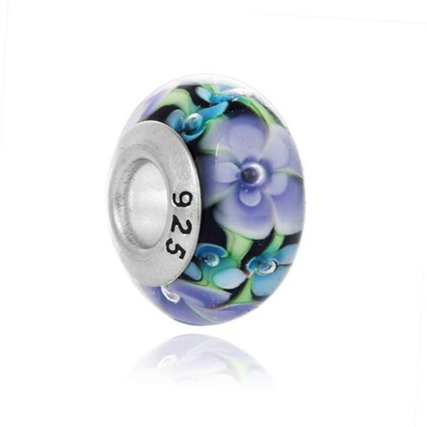 Top Quality925 Sterling Silver Vetro di Murano Murano Perline Fiore viola su nero Fit Pandora europeo Charms Bracciale Collana Gioielli fai da te