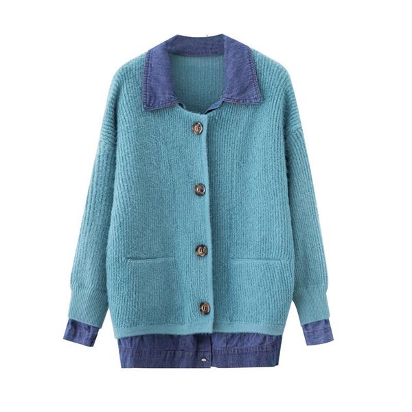 

tees denim sewing spring shirt false casual two-piece jumper knit cardigan women punt jacket f457 bqiu, White