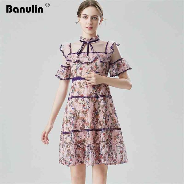

runway summer dress women ruffles bow tie stand collar flare short sleeve floral emebroidery lace mini 210603, Black;gray