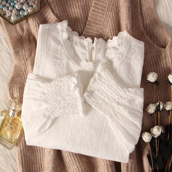 

women's t-shirt white lantern sleeve round neck lace edge blouses korean fashion mesh bottoming shirt thin long sleeves