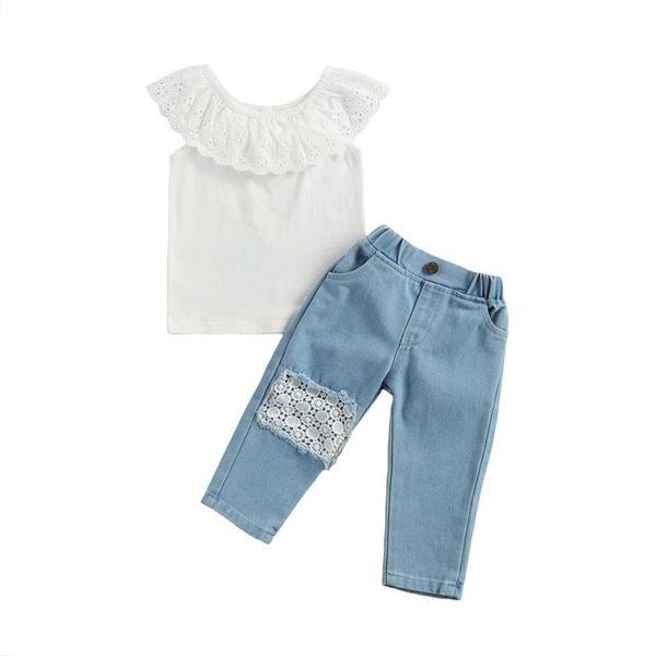 

clothing sets 1-6y 2021 fashion infant baby girls clothes off shoulder ruffle white t shirts +patchwork denim pants 2pcs