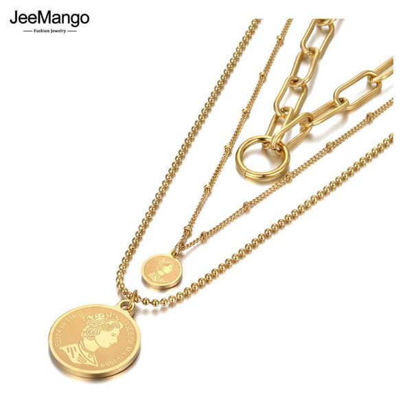 

chains jeemango goth 18k gold stainless steel three layer queen choker necklace hiphop/rock link chain jewelry for women girls jn21183, Silver