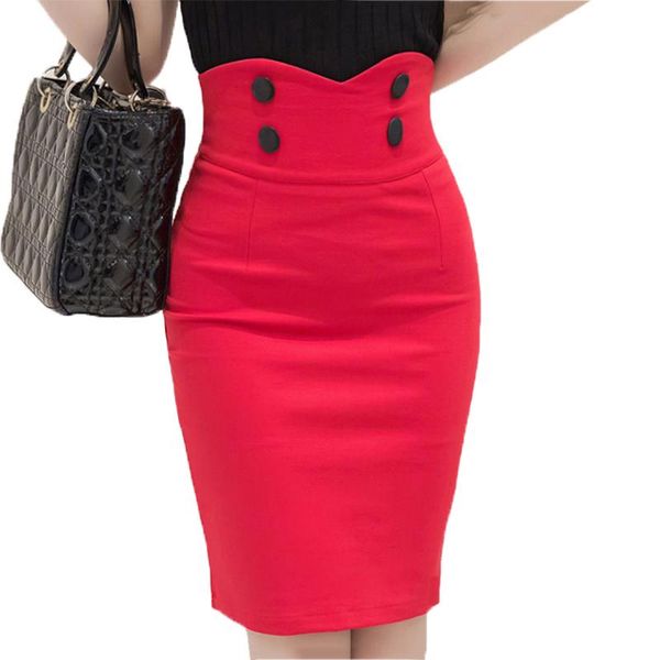 

skirts elastic ladies mini pencil 2021 summer women high waist fashion office lady bodycon skirt with button, Black