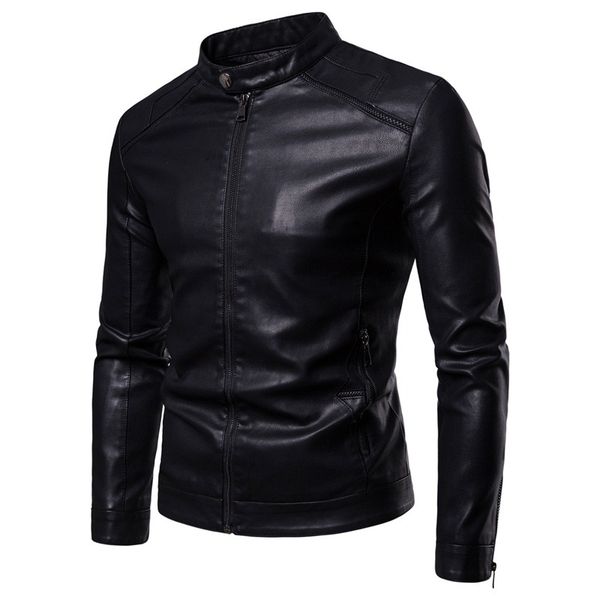 

synthetic leather jacket men stand collar pu jacket leather coat, Black;brown