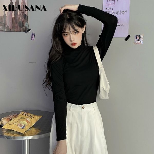 

t-shirts for women's spring autumn black long sleeve solid elasticity loose halt turtleneck casual female 210423, White
