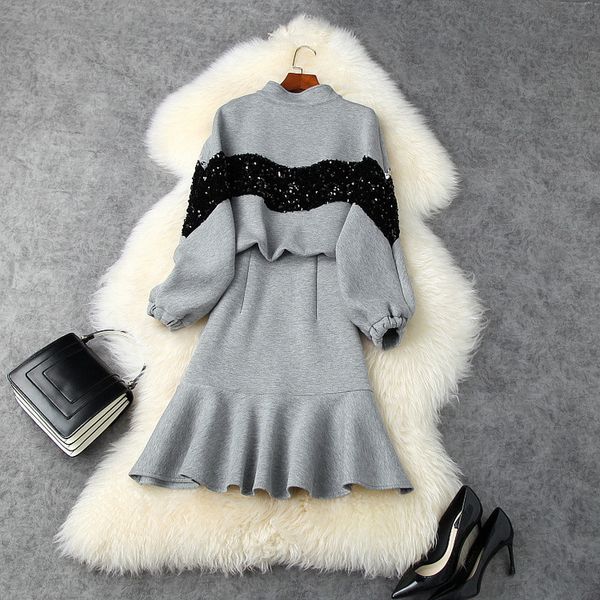 

capris one piece 2021 autumn style women batwing sequined beading deco long sleeve casual grey black zipper mermaid, Black;gray