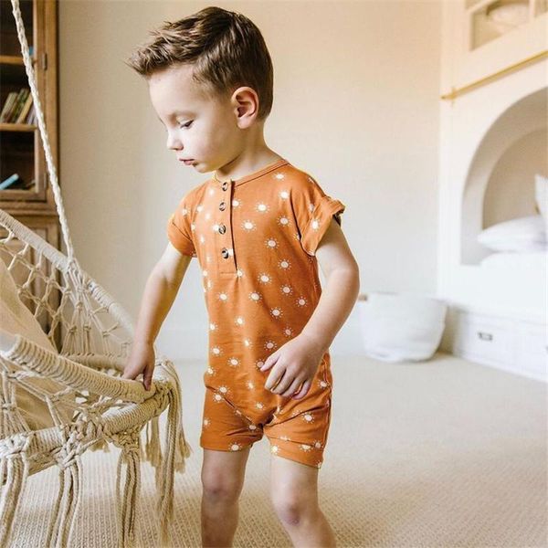 

toddlers sun printing playsuit infant boy's short sleeve button romper babies round collar clothing, Blue