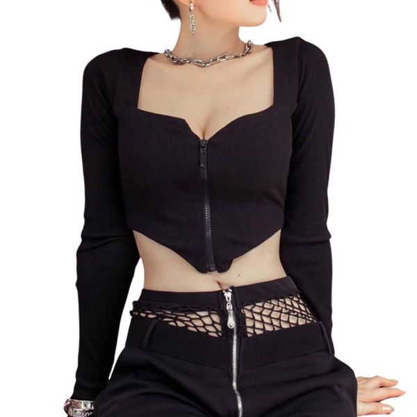 

women's t-shirt spring women fashion long sleeve zipper stylish solid color crop for ladies female daily wear, White