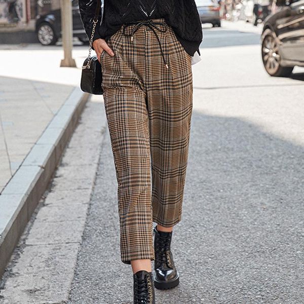 

women's pants & capris rr preppy style vintage women fashion casual plaid printed trousers elegant loose female ladies jq, Black;white