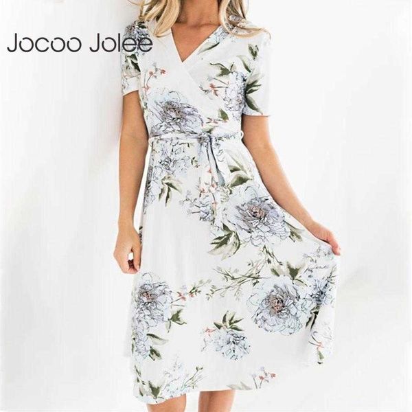 

jocoo jolee bohemian floral print v-neck a line dress elegant short sleeve belted slim midi dress casual summer beach sundress 210619, Black;gray