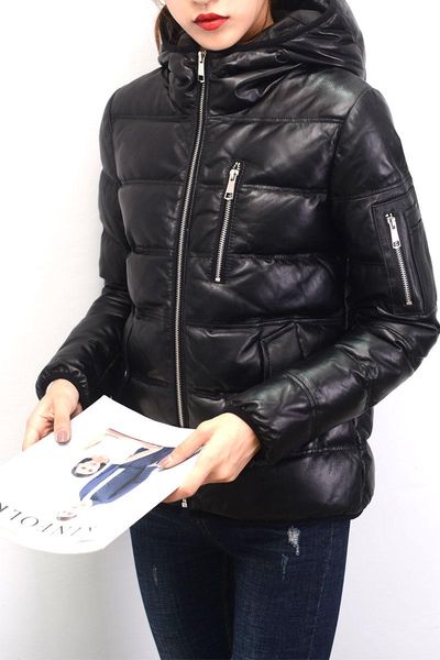 

women's leather & faux winter jacket women 100% real sheepskin coat female natural genuine duck down warm hooded outwear, Black