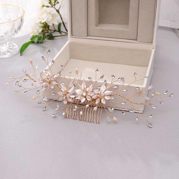 

hair clips & barrettes korean style bride alloy flower leaf shape handmade comb rhinestone decor tiara wedding accrssories ml, Golden;silver