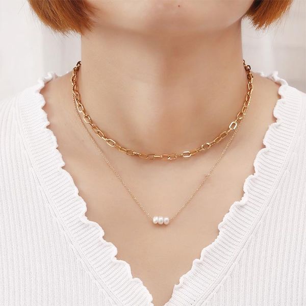 

chains fashion simple double row irregular paperclip chain link freshwater pearl short necklace geometric clavicle women, Silver