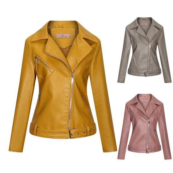 

women's leather & faux 2021 autumn and winter slim european temperament coat pu zipper lapel jacket women, Black