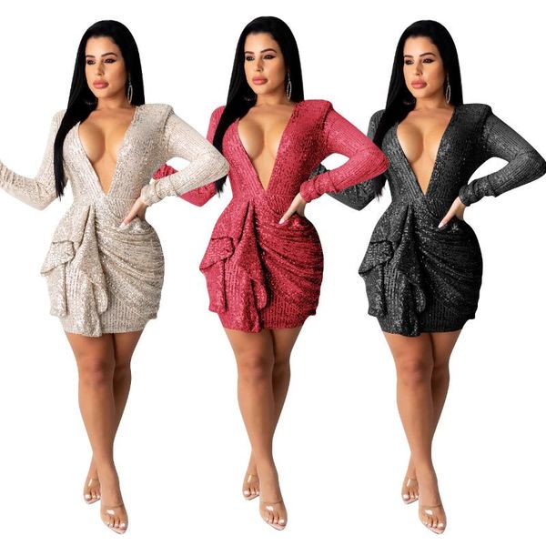 

sparkling women sequins pleated mini dress christmas deep v neck long sleeve rushed bodycon vestidos night club party robes casual dres, Black;gray