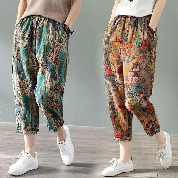

women's pants & capris 2021 summer fashion printed cotton linen harem for women casual high waist calf-length loose trousers female str, Black;white