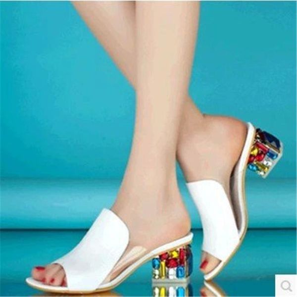 

slippers summer style female thick heel fish mouth sandals and rhinestone one word large size fashion women's shoes, Black