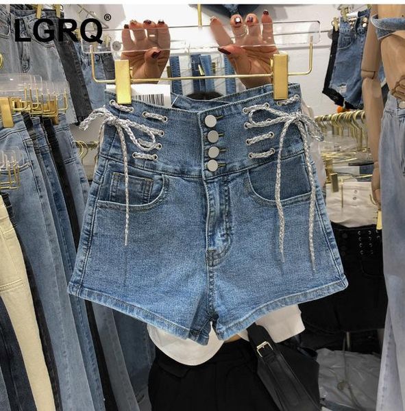 

women's shorts [lgrq] women wide leg black bandage denim high waist loose fit trousers fashion tide spring autumn 2021 19d2621, White;black