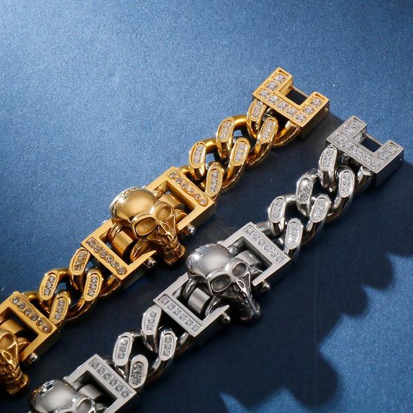 

tennis jewels store punk skull charm bracelet men 20cm luxury stainless steel & cubic zircon gold cuban chain pulsera jewelry for man, Golden;silver