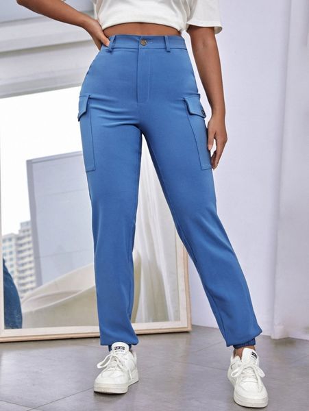

high waist flap pocket side pants 567k#, Black;white