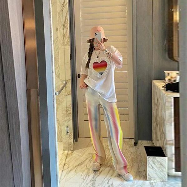 

tie dye print y2k baggy jeans joggers women 2021 rainbow color stretch denim casual straight trousers women's, Blue