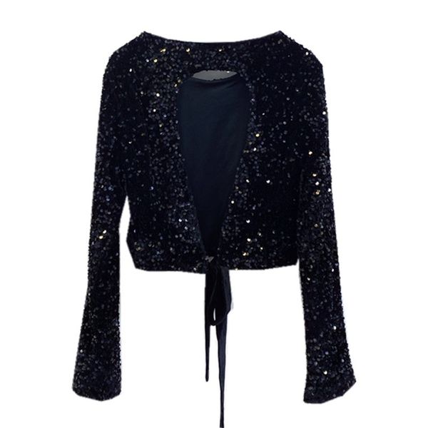 

chic women backless sequins t-shirt disco party dancing cute bowtie lacing short blouse, White