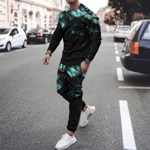 

men's tracksuits sports suit t-shirt + trousers workout clothes 2-piece set 3d plant leaf solid color printing long-sleeved sportswear, Gray
