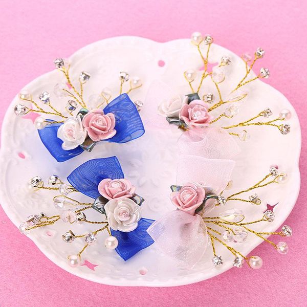 

hair clips & barrettes forseven blue ceramic flower clip crystal pearl hairpin copper wire yarn pin bridal wedding head piece jewelry, Golden;silver