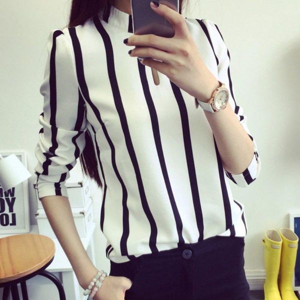 

women's blouses & shirts women slim long sleeve striped chiffon womens casual loose shirt blouse office lady, White