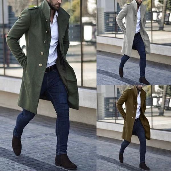 

Fashion Trench Coat Popular in Autumn and Winter of 2021, Men' Tweed St Collar, Metal Button Decoration, Medium Long Pocket Casual, Green