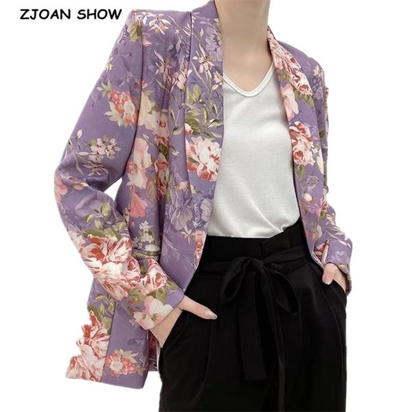 Sonbahar Chic Şal Yaka Mor Papatya Çiçek Baskı Blazer Vintage BF Stil Orta Uzun Kadın Takım Elbise Ceket Gevşek Femme 210429