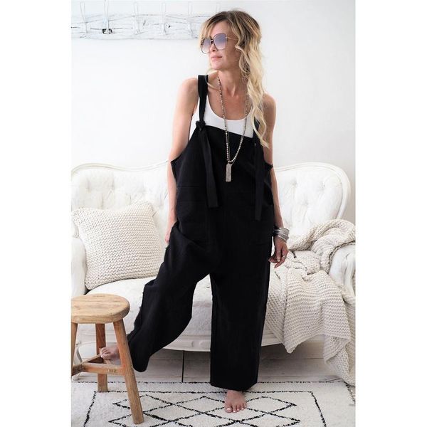 

gym clothing fashion woman cotton linen solid pocket romper loose jumpsuit ladies casual playsuits overalls wide leg cropped pants, White;black