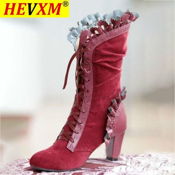 

boots high heel women steampunk leather suede autumn vintage winter shoes lace up cosplay, Black