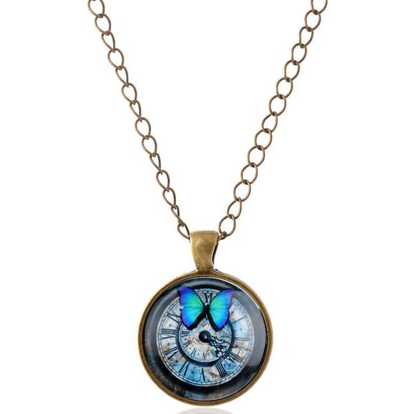

pendant necklaces lureme time gem series vintage butterfly and clock disc charm necklace for women girl (01003517), Silver