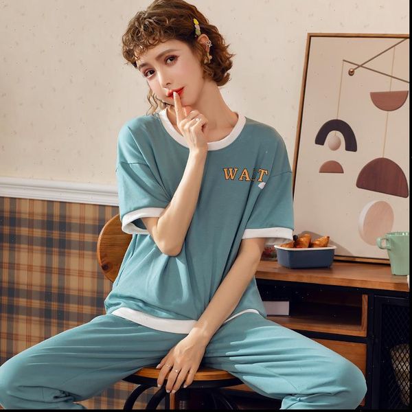 

julys song cartoon cotton pajamas womens sleepwears casual crew neck short sleeve long pant nightwear ladies summer spring female pyjamas, Black;red