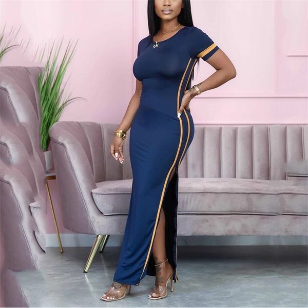 

elegant women solid dress autumn office short sleeve ankle length size split patchwork for ladies work fashion vestidos 210510, Black;gray