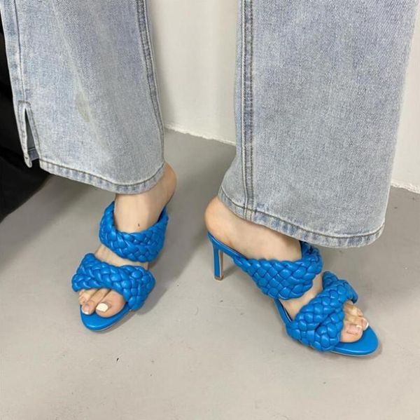 

runway style women slippers summer fashion blue weave female slides outside high heels mules sandals elegant shoes, Black